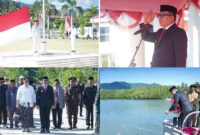 Suasana Upacara Peringatan Hari Pahlawan 2024 di Halaman Kantor Bupati Minggu (10/11/2024). Penjabat Bupati Bolmut, Darwin Muksin, S.Sos., MM., bertindak sebagai Inspektur. Dan Tabur Bunga di Pelabuhan Boroko. Gambar Doc/Prokopim