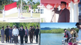 Suasana Upacara Peringatan Hari Pahlawan 2024 di Halaman Kantor Bupati Minggu (10/11/2024). Penjabat Bupati Bolmut, Darwin Muksin, S.Sos., MM., bertindak sebagai Inspektur. Dan Tabur Bunga di Pelabuhan Boroko. Gambar Doc/Prokopim