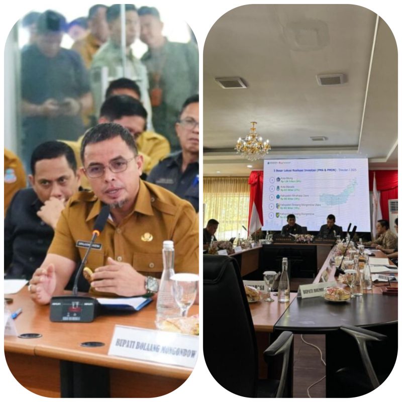 Bupati Sirajudin Lasena saat memaparkan Nilai Investasi yang masuk ke Daerah Bolmut di Hadapan Gubernur dan Wakil Gubernur Sulut Senin (19/5/2025) kemari. Gambar/Doc.