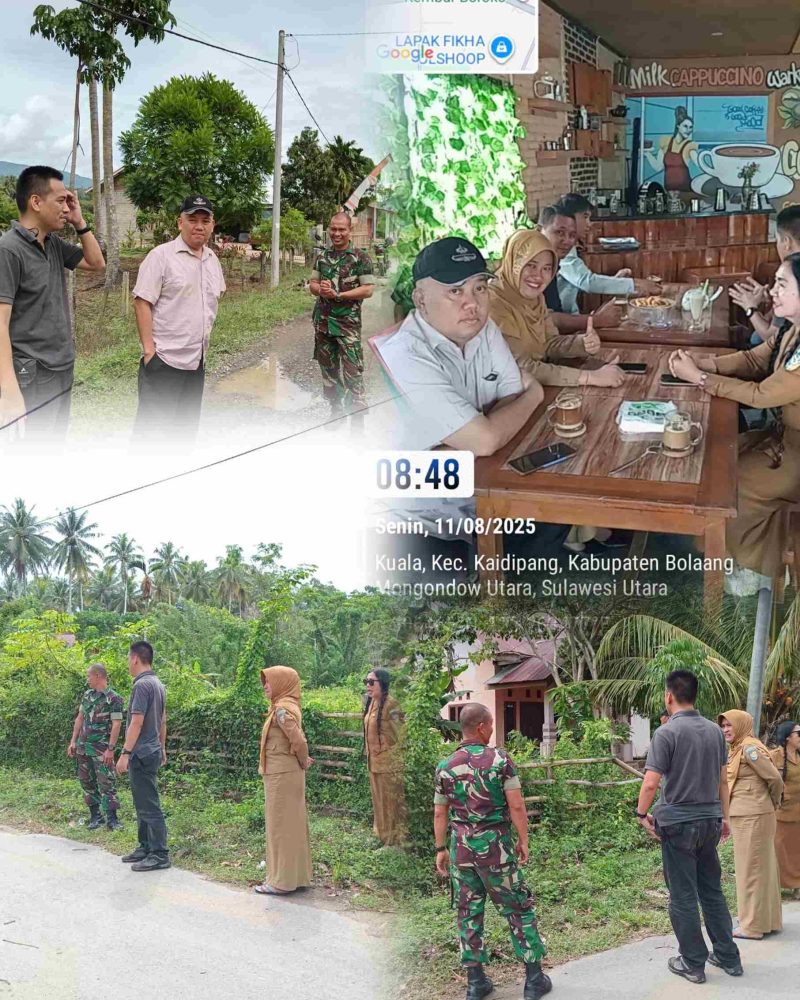 Tim SKKP Sulut, Ketua PPWI Sulut bersama SKKP Boltara, dan TNI saat meninjau lokasi Dapur Umum Sehat Makan Bergizi Gratis di Bolaang Mongondow Utara, Senin (11/8/2025).