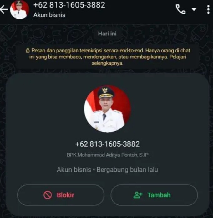 Nomor yang dicatut penipu yang mengatasnamakan Wakil Bupati Aditya Pontoh (Gambar/Tangkapan Layar) 