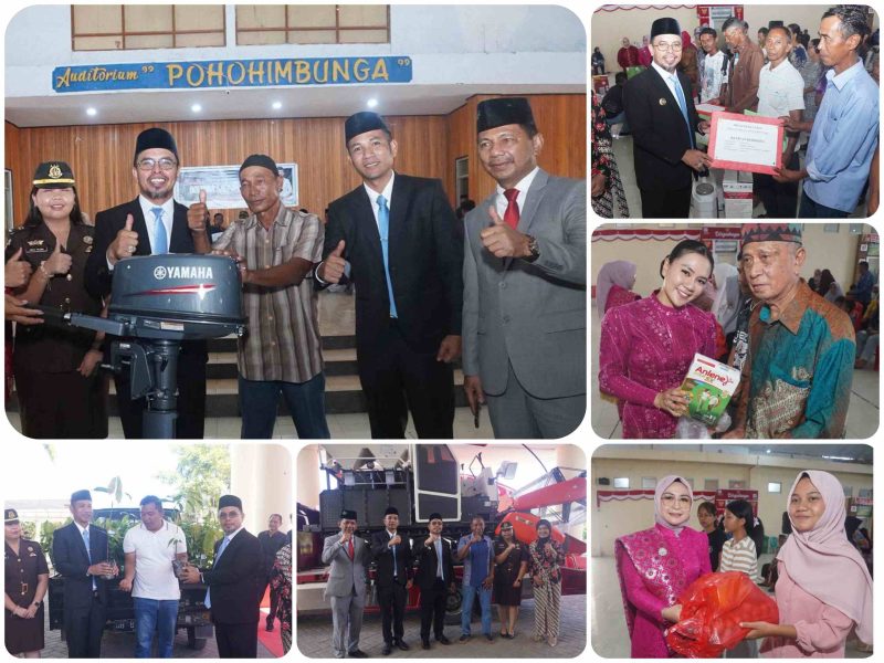 Pemda Boltara bersama forkopimda saat menyerahkan bantuan pertanian dan perikanan kepada kelompok tani dan nelayan di Auditorium Pohohimbunga, Senin (22/12/2025).