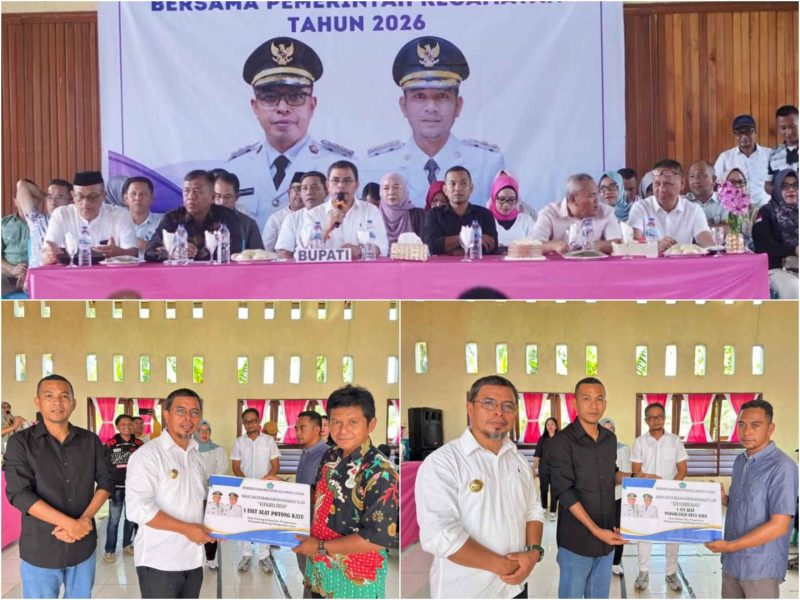 Bupati Bolaang Mongondow Utara Dr. Sirajudin Lasena didampingi Wakil Bupati Moh. Aditya Pontoh membuka Rapat Kerja Pemerintah Daerah bersama pemerintah kecamatan dan desa se-Kecamatan Pinogaluman sekaligus menyerahkan bantuan kepada masyarakat, Jumat (9/1/2026).