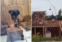 Proses rumah warisan yang dibelah dua oleh pemiliknya di Desa Mlowokarangtalun, Kecamatan Pulokulon, Kabupaten Grobogan, Jumat (13/2/2026). Aksi ekstrem yang diduga dipicu konflik rumah tangga dan isu perselingkuhan itu viral di media sosial dan menghebohkan publik.