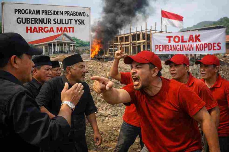 Ilustrasi konflik pembangunan: Ketegangan antara kelompok pendukung dan penolak pembangunan Kopdes Merah Putih di Desa Salongo, yang diduga sarat kepentingan.