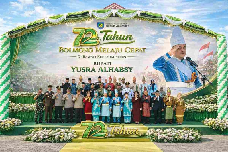 Bupati Yusra Alhabsy memimpin upacara HUT ke-72 Bolmong dengan penuh khidmat, didampingi jajaran pejabat daerah dan tokoh masyarakat, mencerminkan semangat kolaborasi dan optimisme menuju Bolmong yang maju dan sejahtera.