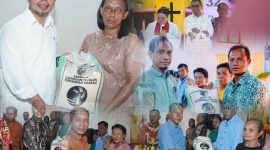 Bupati Bolaang Mongondow Utara, Dr. Sirajudin Lasena, (SJL) bersama jajaranya saat menyerahkan bantuan beras kepada warga dalam rangka syukuran HUT ke-32 Jemaat GMIBM Eben Haezer Komus II Timur, Jumat (10/04/2026), sebagai wujud kepedulian dan kebersamaan pemerintah dengan masyarakat.