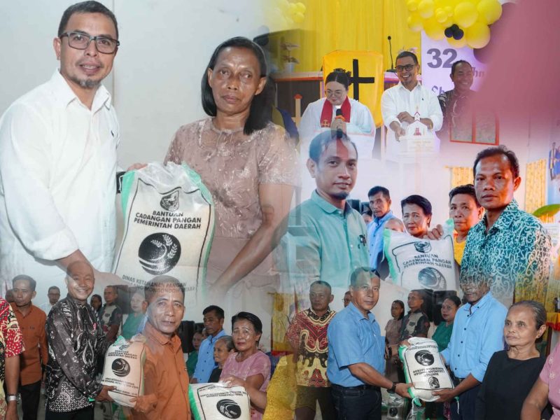 Bupati Bolaang Mongondow Utara, Dr. Sirajudin Lasena, (SJL) bersama jajaranya saat menyerahkan bantuan beras kepada warga dalam rangka syukuran HUT ke-32 Jemaat GMIBM Eben Haezer Komus II Timur, Jumat (10/04/2026), sebagai wujud kepedulian dan kebersamaan pemerintah dengan masyarakat.