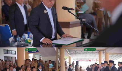 Bupati Yusra Alhabsyi saat melantik dan mengambil sumpah jabatan pejabat di lingkungan Pemkab Bolmong, disaksikan langsung oleh Wakil Bupati, Sekda, serta jajaran ASN dalam suasana khidmat dan penuh tanggung jawab.