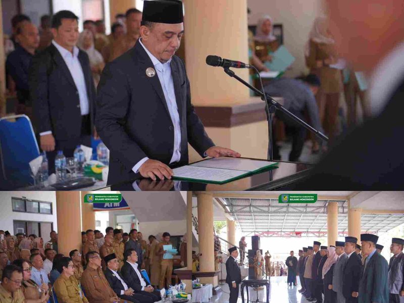 Bupati Yusra Alhabsyi saat melantik dan mengambil sumpah jabatan pejabat di lingkungan Pemkab Bolmong, disaksikan langsung oleh Wakil Bupati, Sekda, serta jajaran ASN dalam suasana khidmat dan penuh tanggung jawab.