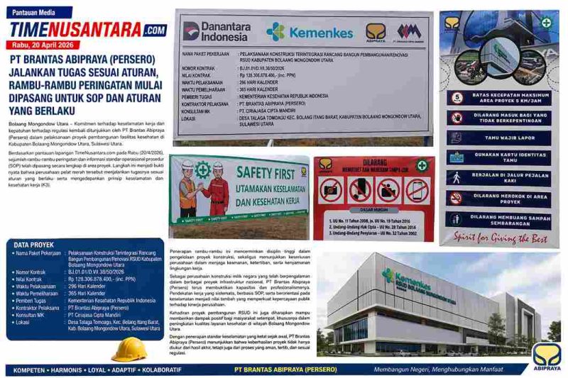 Implementasi standar K3 dan kepatuhan regulasi oleh PT Brantas Abipraya (Persero) terlihat nyata melalui kelengkapan rambu keselamatan di area proyek.