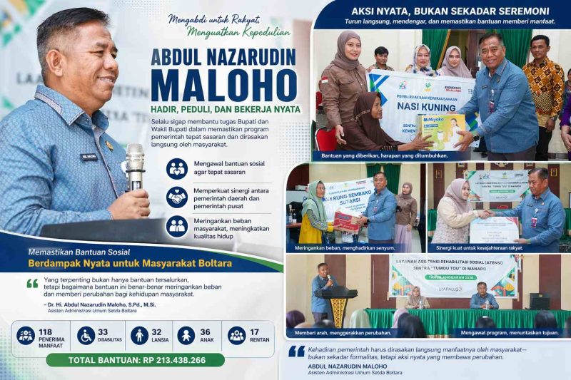 Asisten Administrasi Umum Setda Kabupaten Bolaang Mongondow Utara, Abdul Nazarudin Maloho (ANM) turun langsung memastikan bantuan sosial benar-benar dirasakan masyarakat. Dengan pendekatan yang humanis dan kerja nyata, ia mengawal penyaluran bantuan agar tepat sasaran, meringankan beban warga, serta memperkuat kesejahteraan masyarakat Bolaang Mongondow Utara.