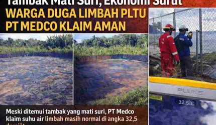 Potret tambak warga yang tidak lagi berproduksi, bersamaan dengan pemeriksaan suhu air limbah oleh PT Medco yang tercatat 32,5 derajat, Jumat (17/4/2026).