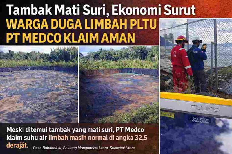 Potret tambak warga yang tidak lagi berproduksi, bersamaan dengan pemeriksaan suhu air limbah oleh PT Medco yang tercatat 32,5 derajat, Jumat (17/4/2026).