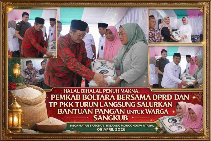 Pemkab Boltara bersama Ketua DPRD dan Ketua TP PKK Ening Sutrisni Lasena Adam, S.ST, turun langsung menyerahkan bantuan beras kepada warga Kecamatan Sangkub di tengah musim kemarau, Rabu (08/04/2026)