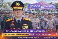 Personel gabungan Polda Sulut bersama TNI dan instansi terkait saat bersiaga dalam pengamanan Perayaan Paskah Nasional 2026 di kawasan Megamas, Manado.