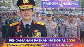 Personel gabungan Polda Sulut bersama TNI dan instansi terkait saat bersiaga dalam pengamanan Perayaan Paskah Nasional 2026 di kawasan Megamas, Manado.