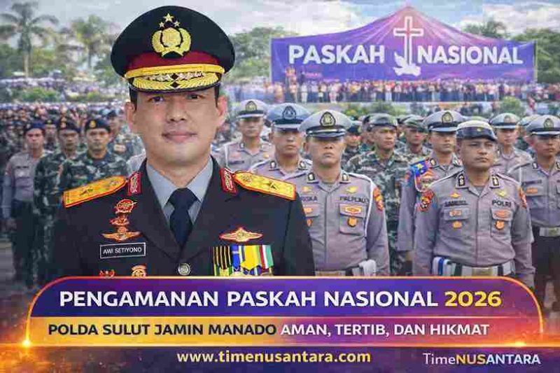 Personel gabungan Polda Sulut bersama TNI dan instansi terkait saat bersiaga dalam pengamanan Perayaan Paskah Nasional 2026 di kawasan Megamas, Manado.