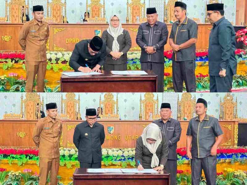 Bupati Bolaang Mongondow Utara (Boltara) Dr. Sirajudin Lasena, SE., M.Ec.Dev. bersama Ketua DPRD Boltara Hj. Dewi Zandra Astuti Mondo saat menandatangani Nota Kesepakatan KUA dan PPAS Tahun Anggaran 2027 dalam Rapat Paripurna DPRD Boltara, Selasa (11/8/2026).