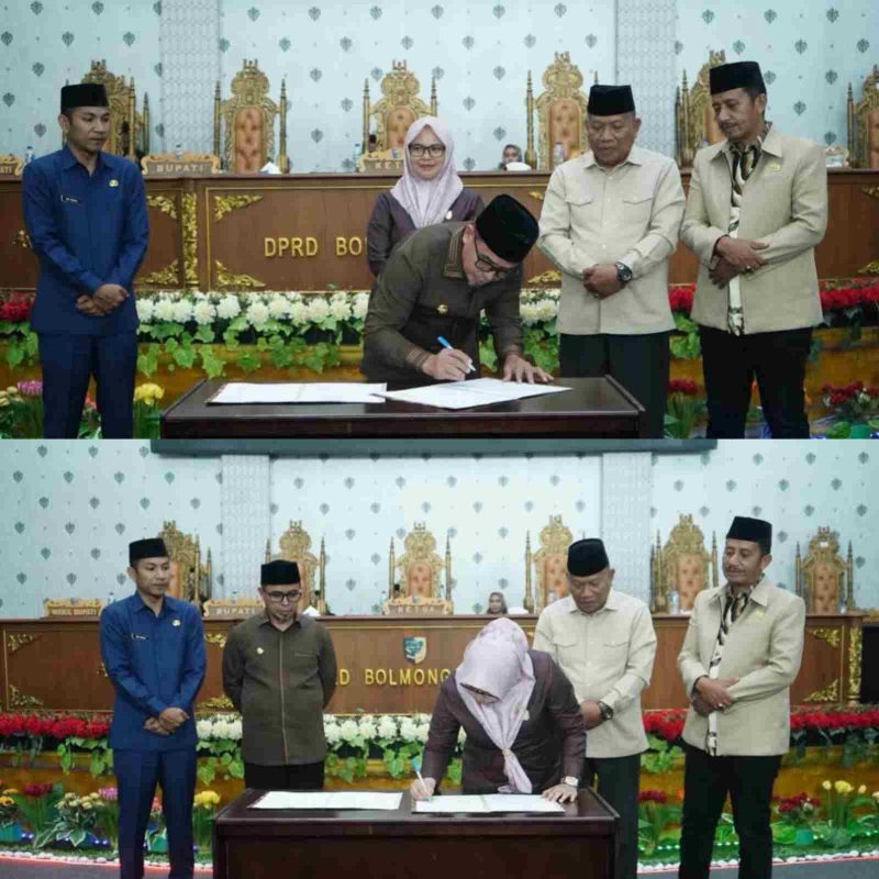 Bupati Boltara Dr. Sirajudin Lasena bersama Ketua DPRD Boltara saat menandatangani Nota Kesepakatan KUPA-PPAS Perubahan APBD 2026 di ruang sidang paripurna DPRD.