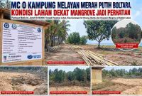 Kondisi lokasi pembangunan Kampung Nelayan Merah Putih di Desa Bolangitang I, Boltara, saat dipantau TimeNUSANTARA.com, Jumat (23/10/2026). Tampak penataan awal lahan, sisa genangan air, material bambu, serta kawasan mangrove di sekitar lokasi.
