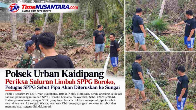 Panit I Reskrim Polsek Urban Kaidipang, Bripka Noldy Mamisala, bersama masyarakat memantau saluran pipa limbah SPPG Boroko di Desa Boroko, Boltara, Sabtu (24/10/2026). Petugas SPPG di lokasi menyebut pipa akan diteruskan ke sungai, sementara warga meminta keluhan tersebut segera ditindaklanjuti.