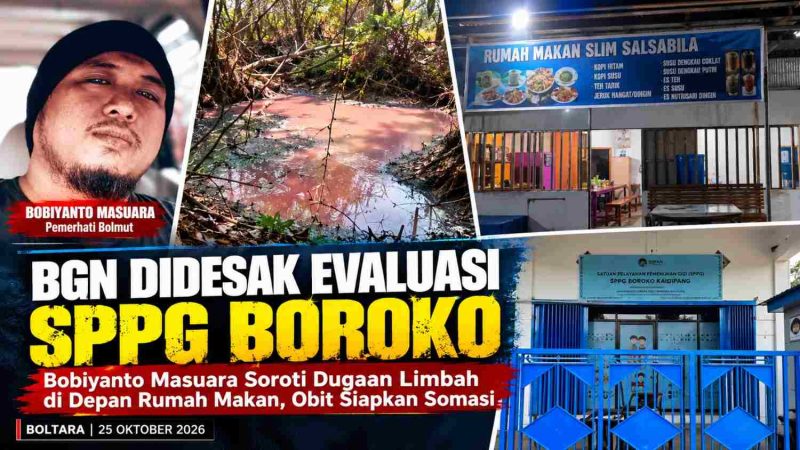 Bobiyanto Masuara, pemerhati Bolmut, menyoroti dugaan persoalan pembuangan limbah di dekat Rumah Makan Muslim Salsabila yang dikeluhkan menimbulkan bau busuk dan berdampak pada aktivitas usaha. Sementara itu, SPPG Boroko menghentikan sementara operasional untuk memperbaiki saluran dan Instalasi Pengolahan Air Limbah (IPAL). Pemilik rumah makan, Obit, menyatakan akan melayangkan somasi jika tidak ada pertanggungjawaban atas kerugian yang diklaim dialaminya. BGN didesak melakukan evaluasi terhadap pengelolaan limbah SPPG Boroko.