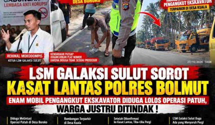 Ketua LSM Galaksi Sulut, Rehinal Mokodompis, menyoroti pengawasan Kasat Lantas Polres Bolmut terkait enam mobil pengangkut ekskavator yang terpantau terparkir di Desa Kuala setelah diduga melintasi lokasi Operasi Patuh Klabat di Desa Boroko. Setelah keberadaan kendaraan diinformasikan kepada Kasat Lantas, rombongan tersebut diketahui meninggalkan lokasi beberapa menit kemudian. LSM Galaksi Sulut meminta klarifikasi dan transparansi pemeriksaan agar penegakan hukum lalu lintas berjalan adil dan tidak tebang pilih.