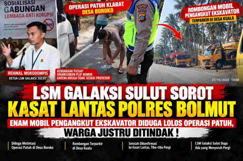 Ketua LSM Galaksi Sulut, Rehinal Mokodompis, menyoroti pengawasan Kasat Lantas Polres Bolmut terkait enam mobil pengangkut ekskavator yang terpantau terparkir di Desa Kuala setelah diduga melintasi lokasi Operasi Patuh Klabat di Desa Boroko. Setelah keberadaan kendaraan diinformasikan kepada Kasat Lantas, rombongan tersebut diketahui meninggalkan lokasi beberapa menit kemudian. LSM Galaksi Sulut meminta klarifikasi dan transparansi pemeriksaan agar penegakan hukum lalu lintas berjalan adil dan tidak tebang pilih.
